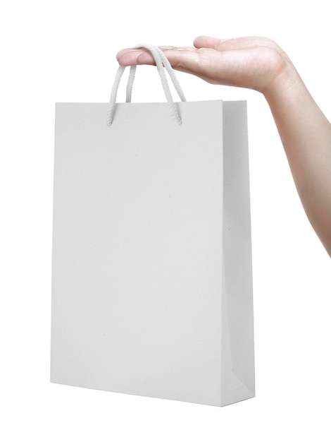 Photo paper bag on human hands isolated on a white background