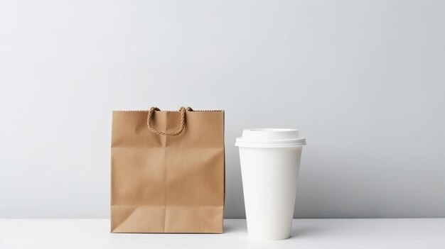 Photo paper bag and styrofoam cup white background