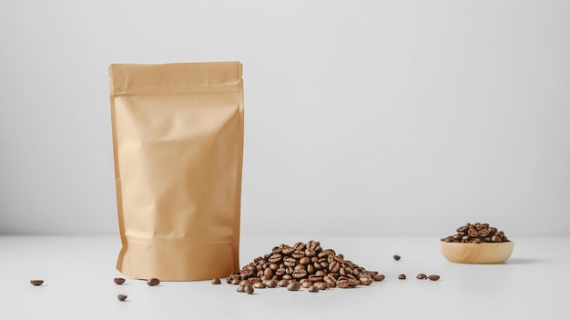 A paper bag that held coffee goods mockup image about coffee beans over a white backdrop Generative AI