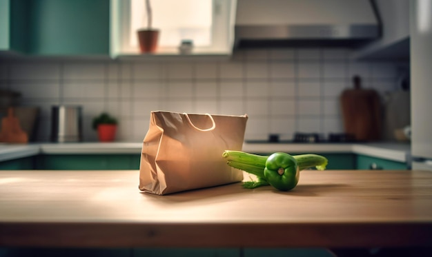 a paper bag of vegetables sits on a kitchen counter top