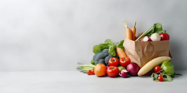 A paper bag of vegetables on a table