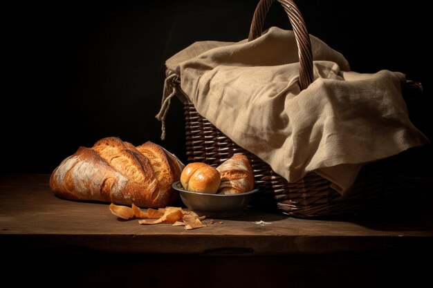 写真 paper bag with bread and basket of pastry