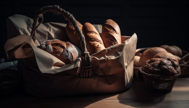 Paper bag with bread and basket of pastry Generative ai