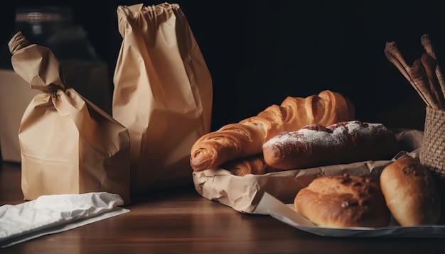 Paper bag with bread and basket of pastry Generative ai