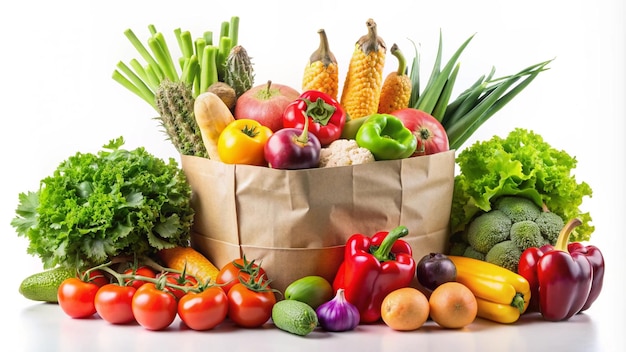 a paper bag with a bunch of vegetables including a paper bag with a bell pepper