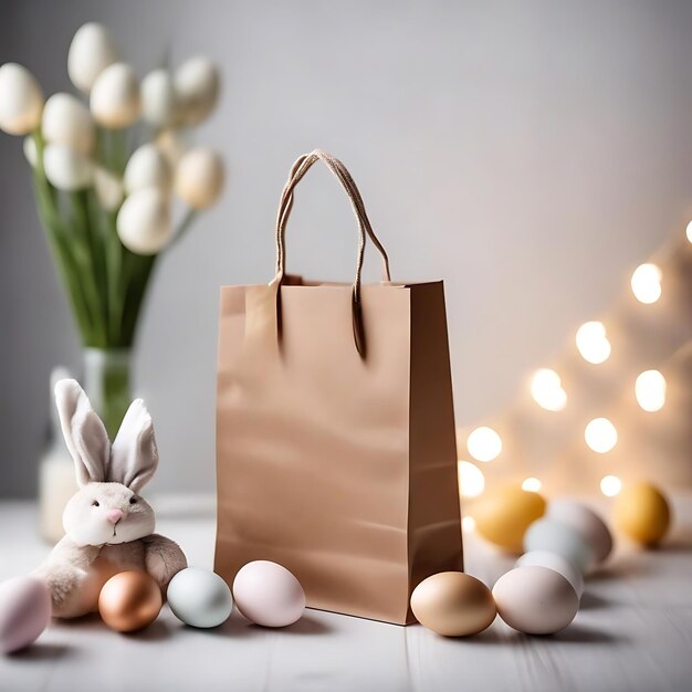 бумажный мешок с кроликом на нем сидит рядом с зайцем и цветами