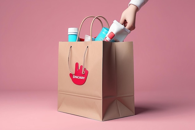 Paper bag with cartoon hand on a pink background the concept of drug delivery to the house online ordering in pharmacies 3d rendering