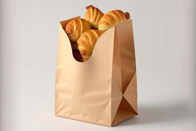 A paper bag with croissants on a white background Concept of minimalism top view close up view