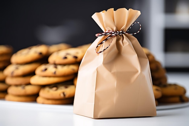 Photo paper bag with delicious cookies on table