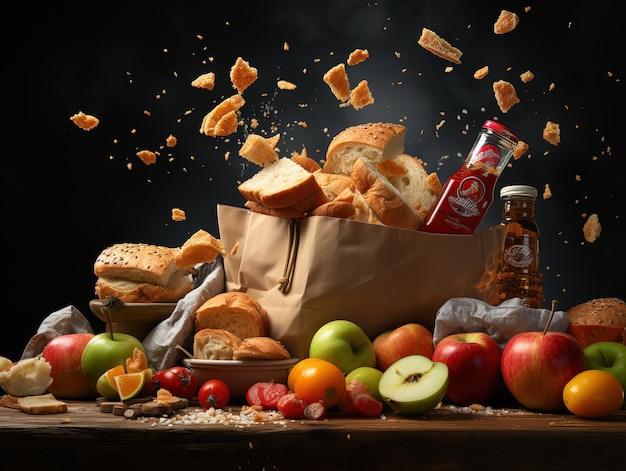 Paper bag with flying products foods online grocery delivery Generative AI