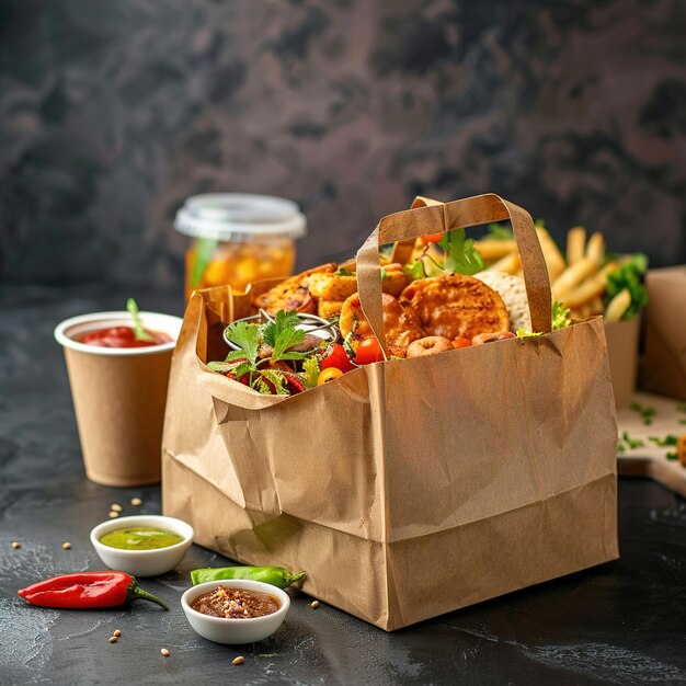 Photo a paper bag with food and condiments on it