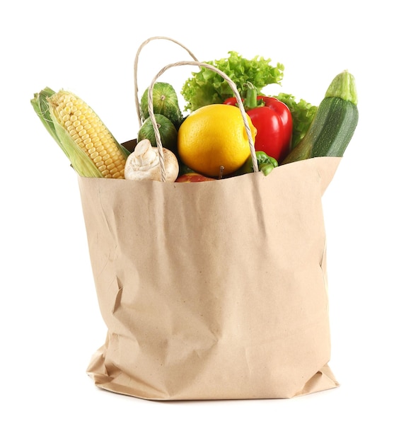 Paper bag with food isolated on white