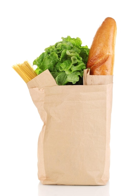 Paper bag with food isolated on white