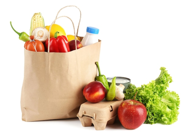 Paper bag with food isolated on white