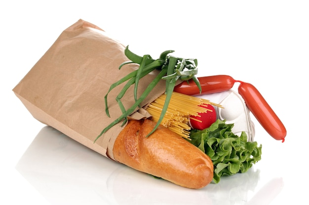 Paper bag with food isolated on white