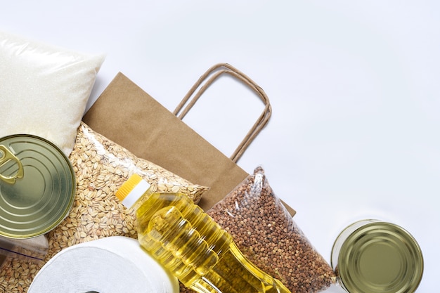 Paper bag with Food supplies crisis food stock for quarantine