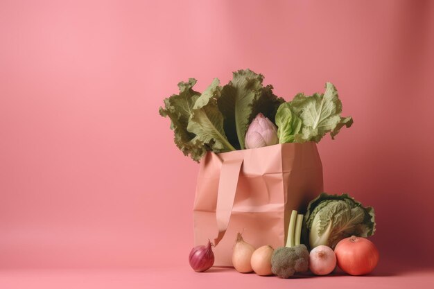 ピンクの背景に新鮮な野菜が入った紙袋 生成AI技術で作成