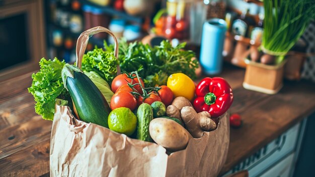 Foto sacchetto di carta con verdure fresche focalizzazione selettiva ia generativa