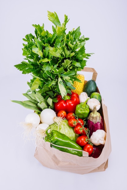 Paper bag with fresh vegetables on white background, grocery shopping