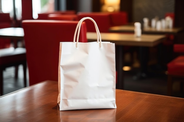 A paper bag with handles is on the table