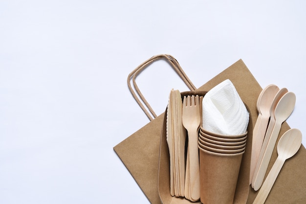 Paper bag with a picnic set plate fork glass napkins Caring for the environment