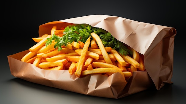 paper bag with tasty burger on table against black background