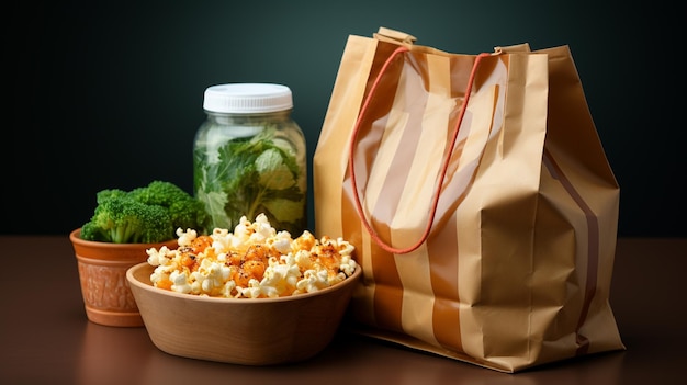 paper bag with tasty burger on table against black background