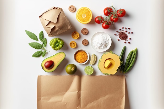 Paper bag with various items in top view on a white backdrop