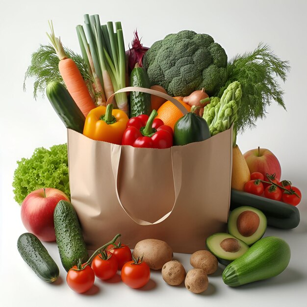 사진 색 바탕에 채소와 과일이 있는 종이 봉투 채식주의 음식