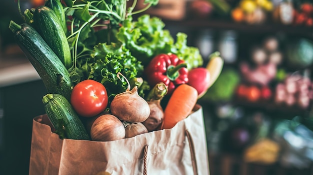 Paper bag with vegetables and fruits Vegetarian food