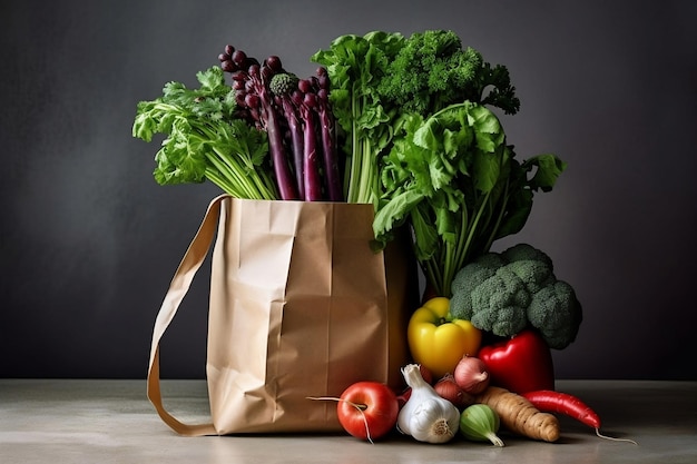 A paper bag with vegetables is on the table