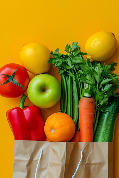 Paper bags filled with vegetables and fruit