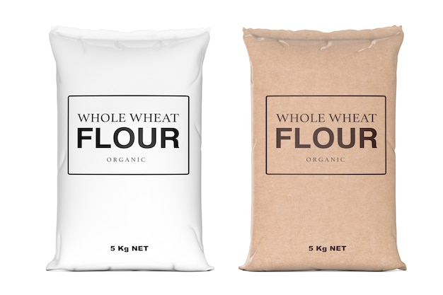 Photo paper bags of whole wheat organic flour on a white background. 3d rendering