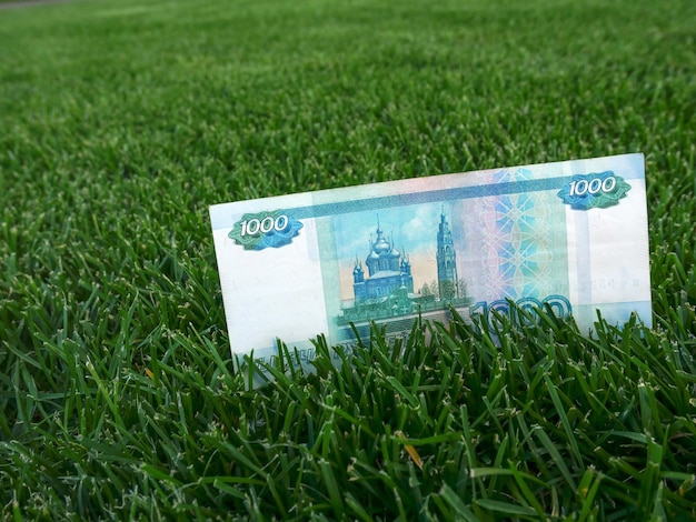 A paper bill of Russian money of 1000 rubles lies on the grass a place for the text