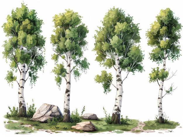 Paper Birch Een verzameling moderne illustraties van bomen Generatieve AI