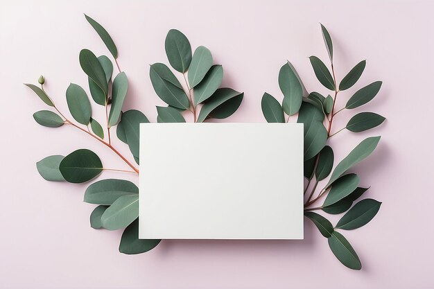 Paper blank eucalyptus branches on white background Wedding invitation card Flat lay top view copy space