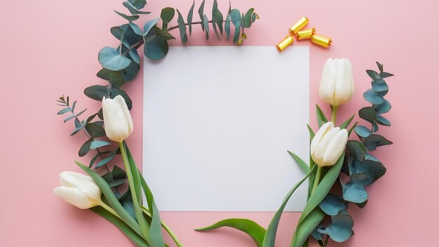 Paper blank tulip flowers eucalyptus branches on pastel pink background