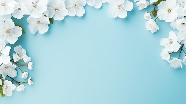 Photo paper blank with fresh white flowers on pastel blue background