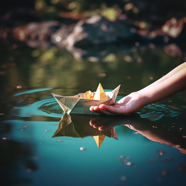 Foto barca di carta nella mano di un bambino sullo sfondo della superficie di uno stagno o di un lago