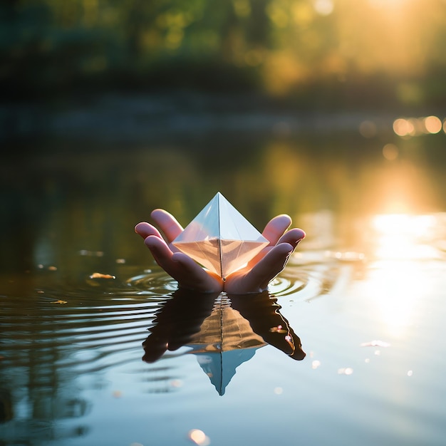 Photo paper boat in a child's hand against the background of the surface of a pond or lake