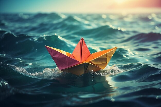 Foto barca di carta che galleggia tra le onde nell'oceano barca di origami che galleggia nell'acqua