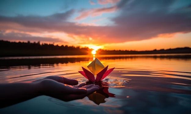 Foto una barca di carta che galleggia in un lago al tramonto