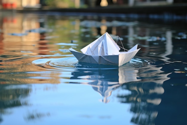 Paper boat floating on water Created using generative AI tools