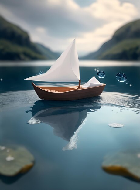 a paper boat is floating on the water with a white sail