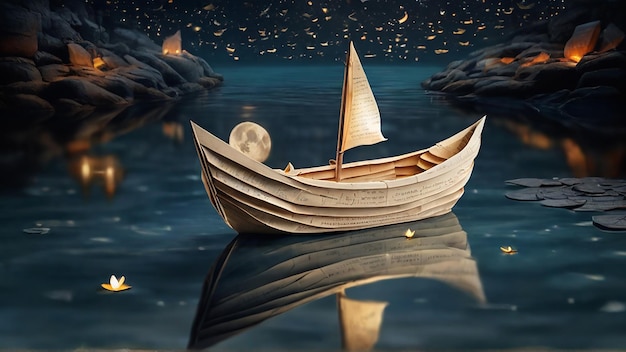 Photo paper boat at moonlit puddle