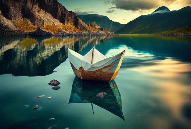 Paper boat on the river among the mountains