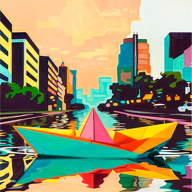 a paper boat sailing through a puddle with a city in the background