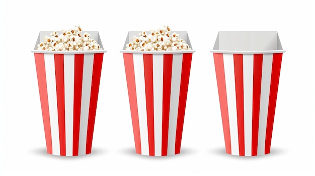 Foto scatola di carta per popcorn isolata su sfondo bianco moderno modello per secchi vuoti bianchi e rossi di popcorn e confezioni quadrate e rotonde per patate di pollo e spuntini al cinema