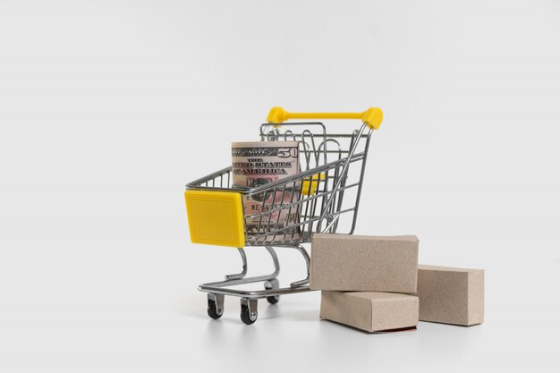 Paper boxes and money in trolley