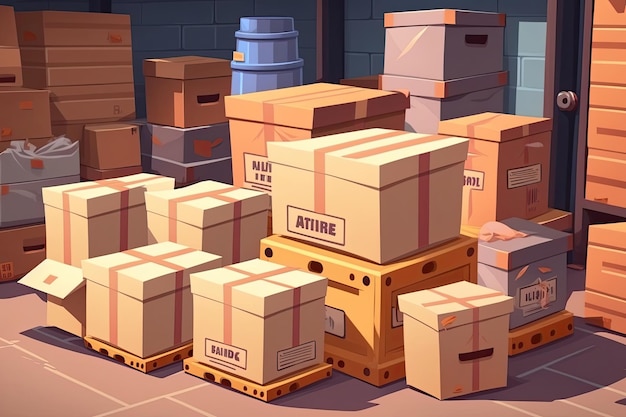 倉庫内の紙箱 配送 商品物流 ベクターイラスト AI人工知能で作成